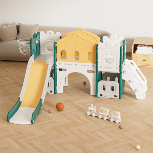 Royal Castle Adventure Playset: Slide, Hoop, and Storage - Green and Yellow