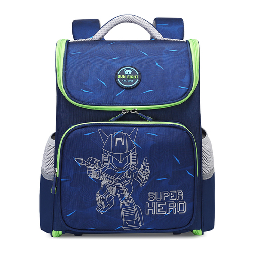 Robotic Superhero Kids Backpack - Mini Travel Bag for School and Play - Navy Blue and Green